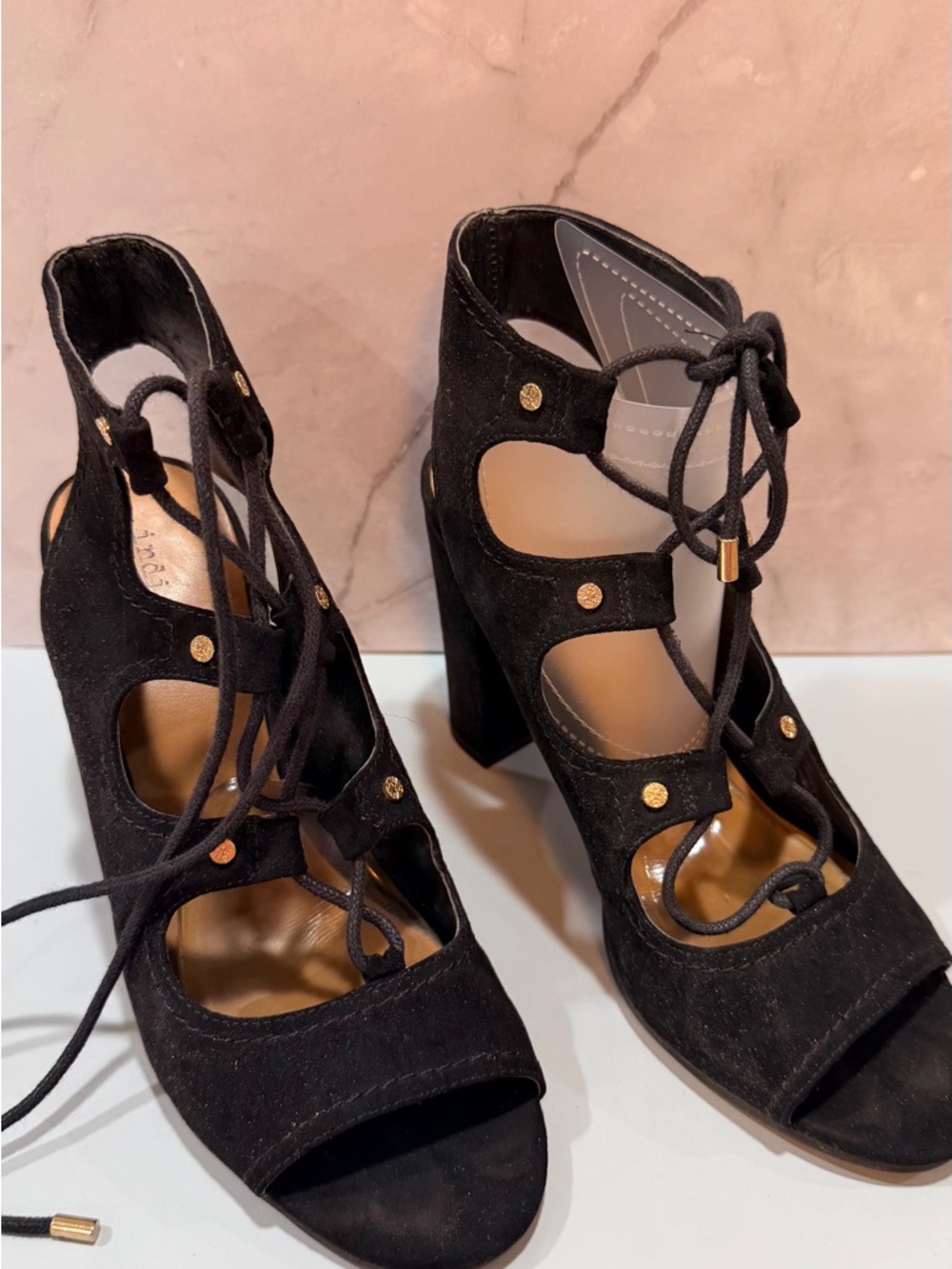Indigo Black Suede Lace-Up Block Heel Sandals with Gold Studs